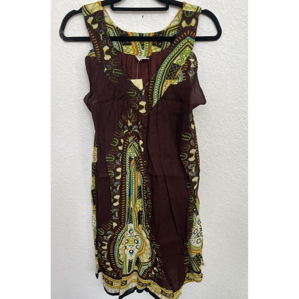 African Dashiki Print Short Sleeveless Sundress One Size Dark Brown